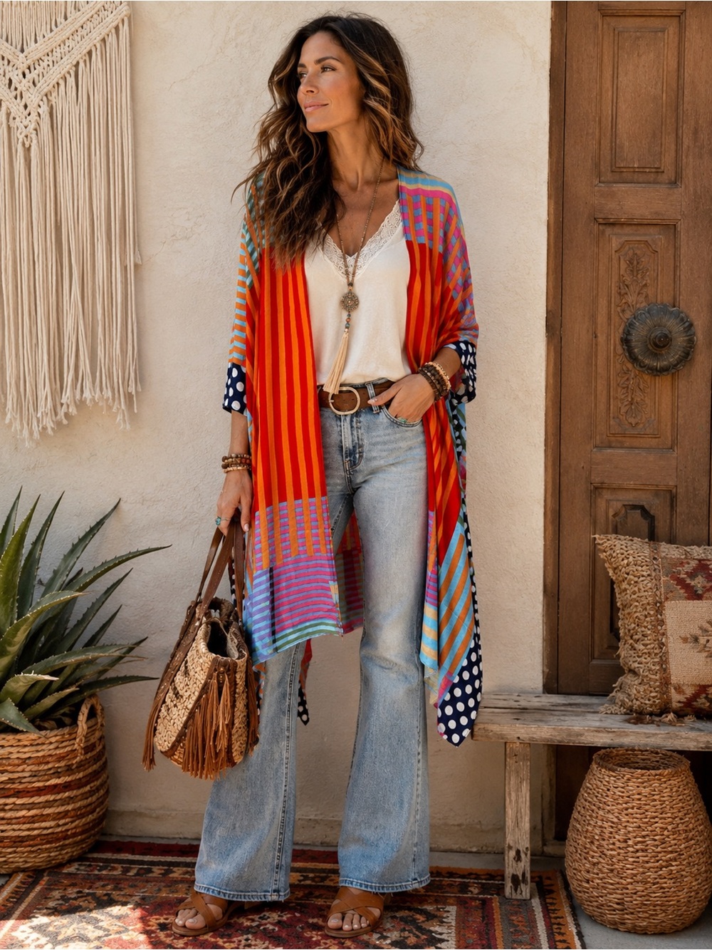 NWT LA Soul Patchwork Mixed Print Kimono Cardigan Open Front Boho Patchwork OS